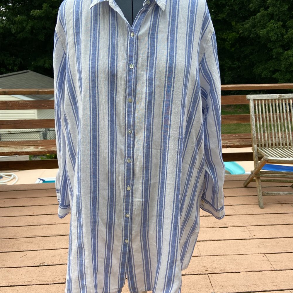Shirt dress, blue and white stripes, 100% linen